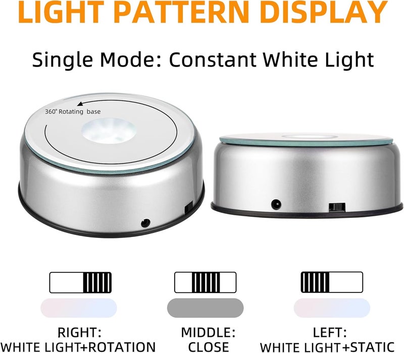 EUSTUMA Rotating LED Display Base Colorful Light Crystal Display Base Stand,Lighted Up Stand Color Changing Small LED for 3D Glass Crystal Art,Holiday Party Decoration. (A-Silver-White Light) - Image 2